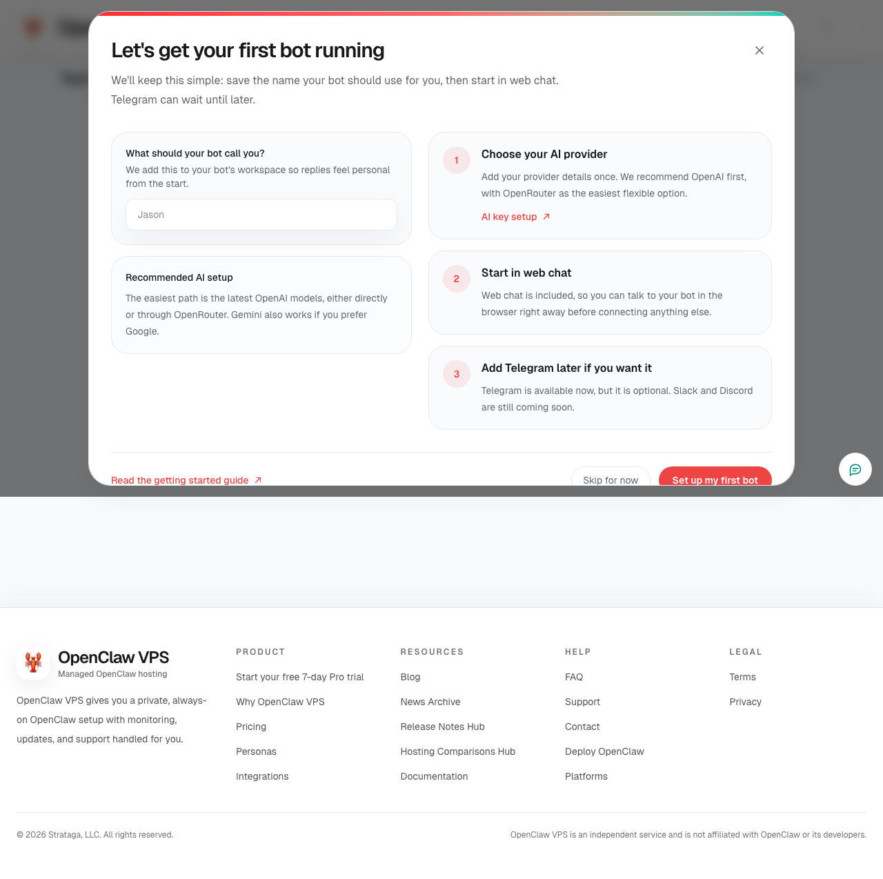 Onboarding step for your first hosted bot